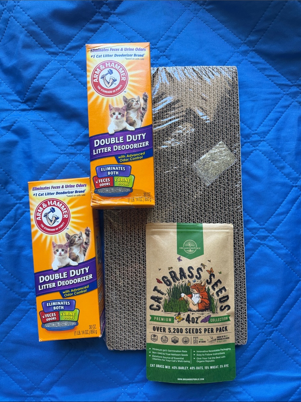 Double Duty Litter Deodorizer & Cat Grass Seeds & cat scratching pad